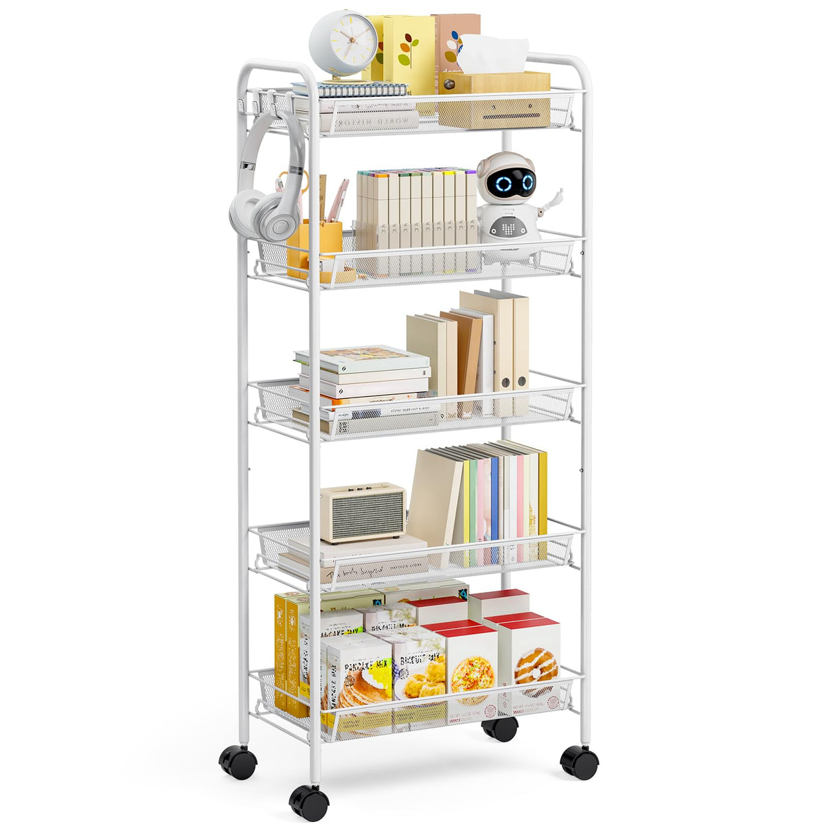 TOOLF 4 Tier Rolling Cart, Metal Utility Storage Cart with Wheels, White