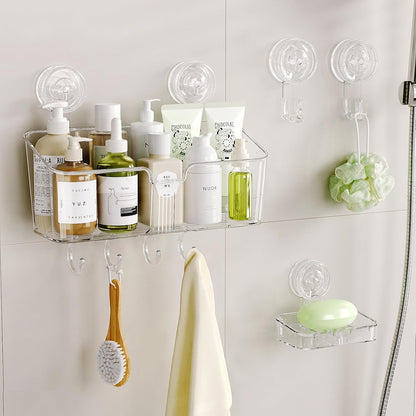 LUXEAR Shower Caddy Suction Cup, No Drilling Strong Hold Shower Organizer with Hooks & Soap Dish Fast Draining Removable Reusable Bathroom Storage Shelf Friendly for Bathroom/Kitchen/RV 22LBS Capacity