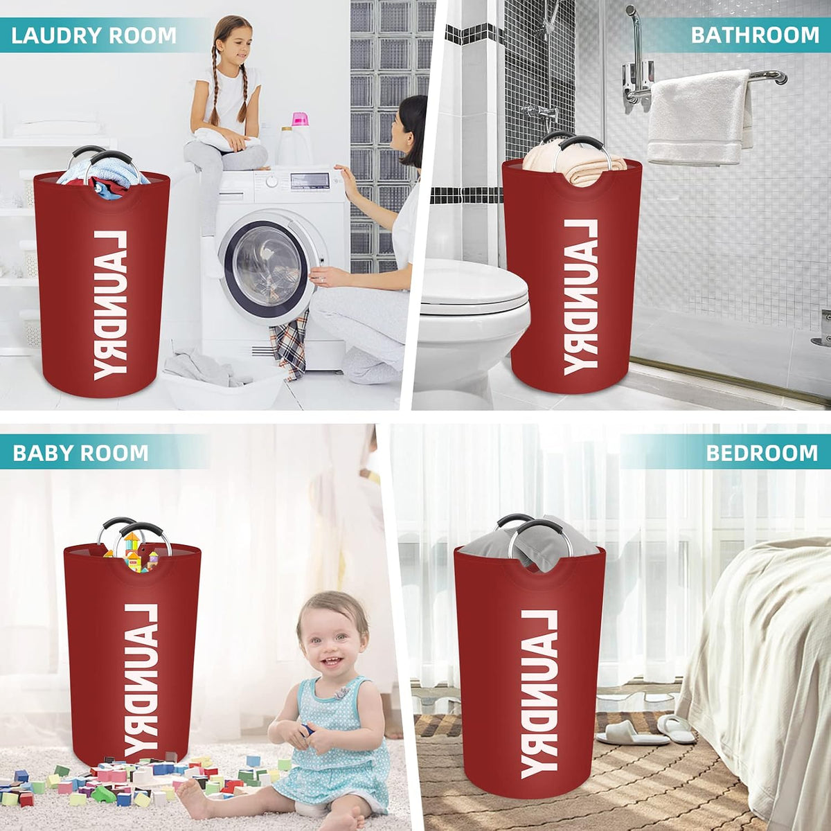 90L Large Laundry Basket, Dirty Clothes Waterproof Laundry Hamper, Red