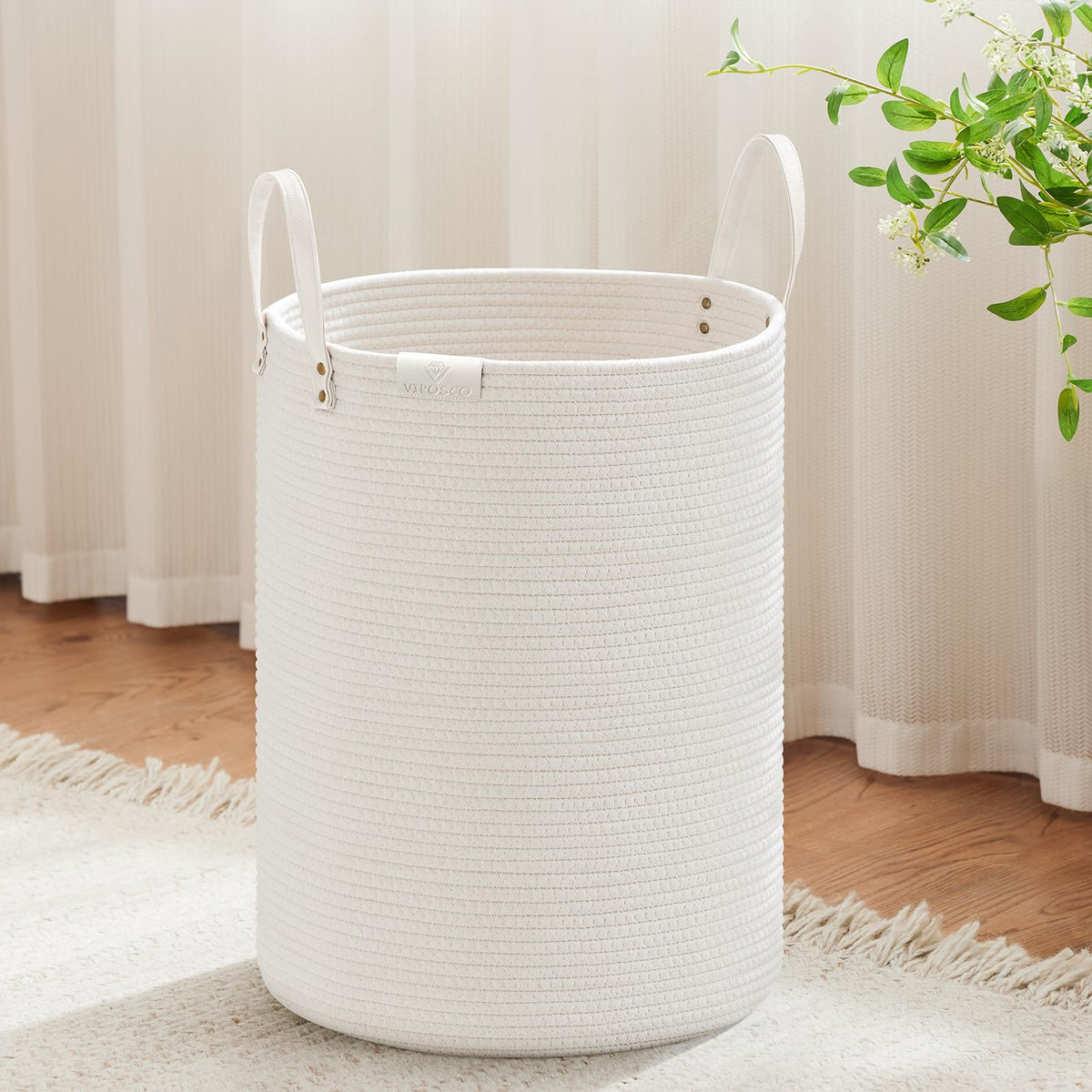 VIPOSCO 72L Tall Woven Rope Laundry Hamper, Leather Handles, White & Brown