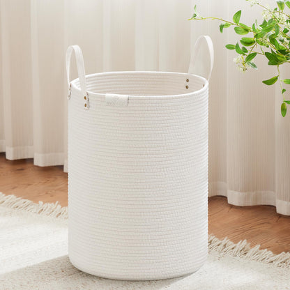 VIPOSCO 72L Tall Woven Rope Laundry Hamper, Leather Handles, White & Brown