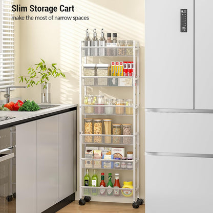 ThreeHio 6 Tier Slim Storage Cart, Narrow Cart with Wheels, Metal Mobile Shelving Unit Organizer for Bathroom, Kitchen, Laundry Room, Living Room & Narrow Spaces, White, 6in(W)
