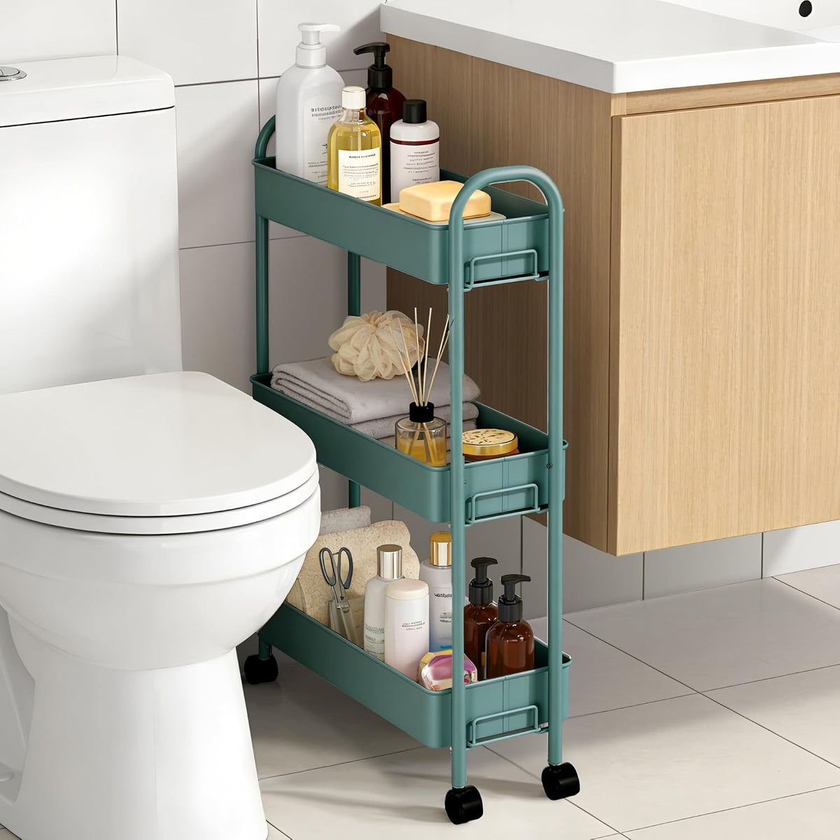 Slim Rolling Cart, Metal Frame Utility Rolling 3-Tier Narrow Storage Cart