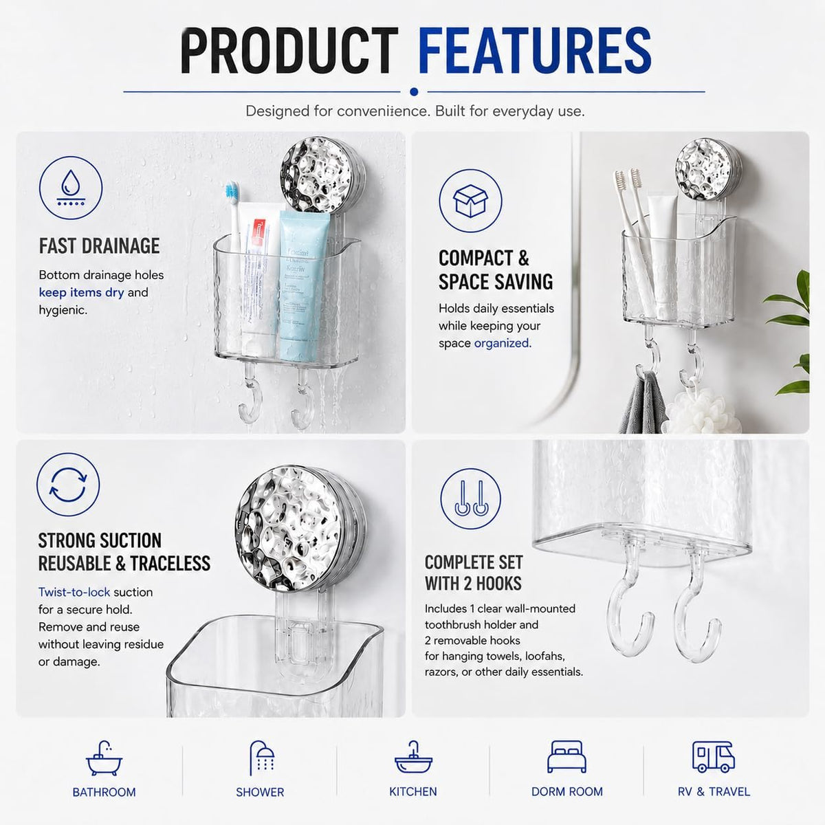 HOME&I Clear Suction Cup Toothbrush Holder for Shower Wall, Twist-to-Lock Drill-Free Bathroom Organizer with 2 Hooks, Self-Draining Wall Storage for Toothpaste, Razor & Accessories