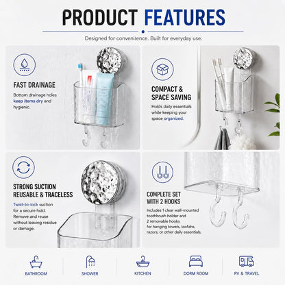 HOME&I Clear Suction Cup Toothbrush Holder for Shower Wall, Twist-to-Lock Drill-Free Bathroom Organizer with 2 Hooks, Self-Draining Wall Storage for Toothpaste, Razor & Accessories