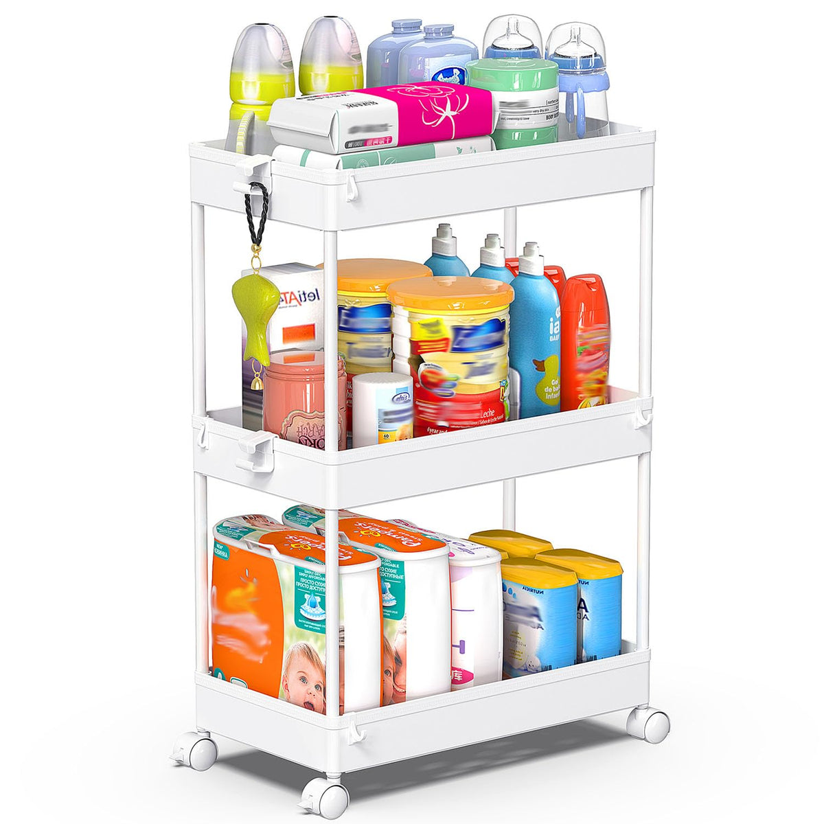 SPACEKEEPER 5 Tier Storage Rolling Cart, Bathroom Cart with Wheels, White