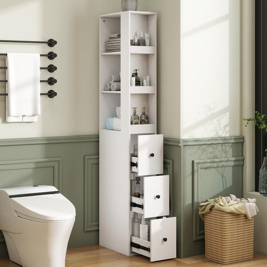ARTETHYS Tall Narrow Bathroom Storage Cabinet with Side Rack & Drawers