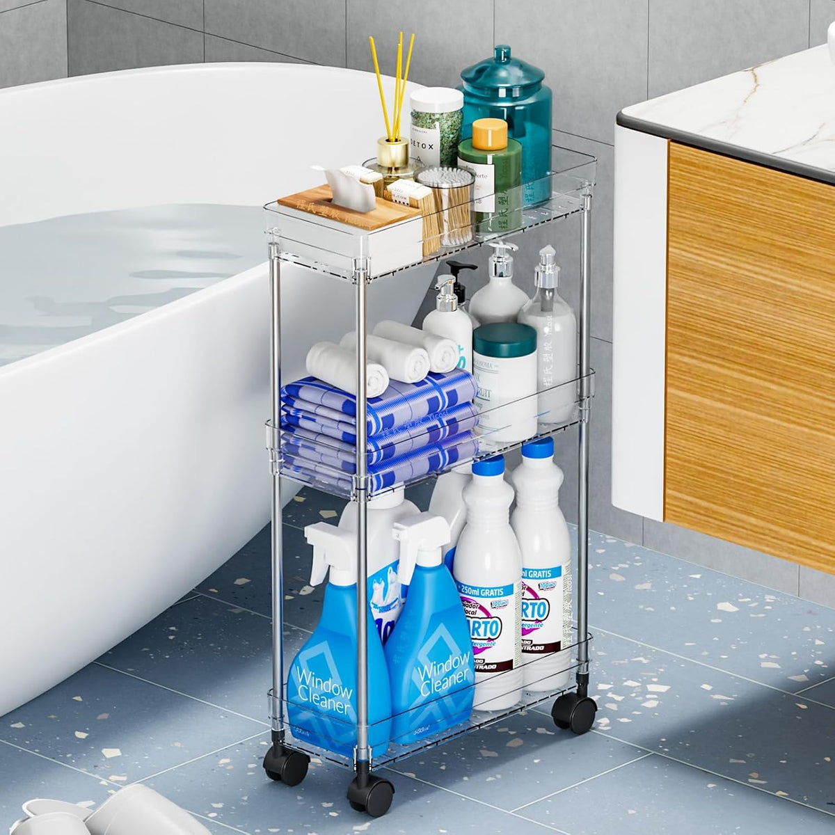 Yieach Clear 4 Tier Slim Rolling Storage Cart with Wheels,6.3″W Thin Shelf,Bathroom Storage Cabinet,Skinny Laundry Cart,Narrow Laundry Room Cart Between Washer and Dryer,Skinny Shelves for Small Space