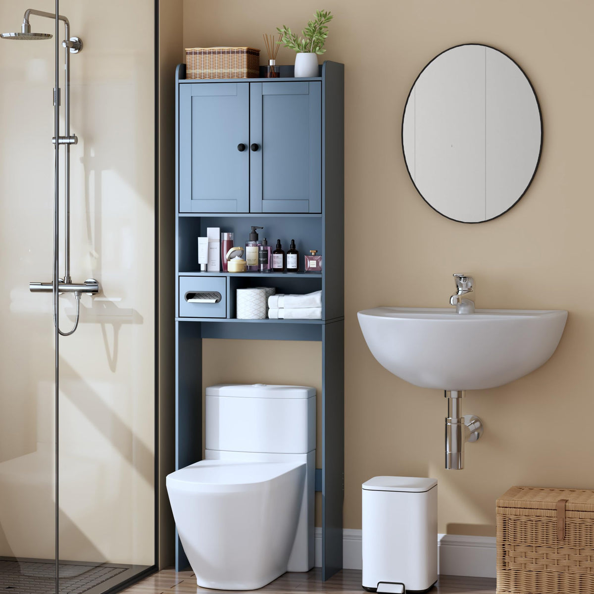 Over the Toilet Storage Cabinet, Tall Slim Bathroom Organizer with Doors, Adjustable Shelves & Built-in Toilet Paper Holder, Space-Saving Above Toilet Cabinet for Small Bathrooms(White)