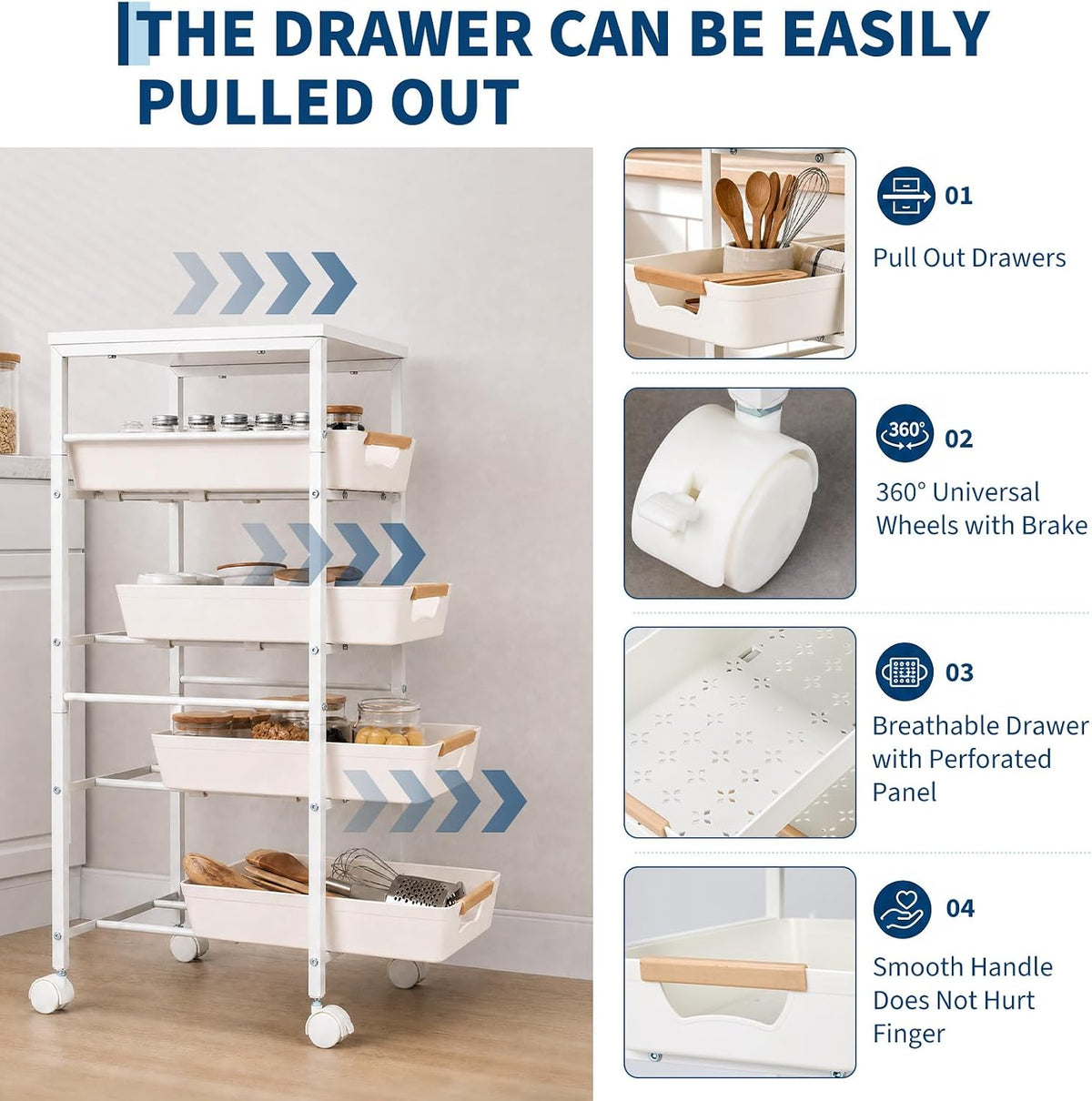 Garvee 5-Tier Slim Rolling Storage Cart, 9.5" Wooden Top Narrow Kitchen Carts on Wheels with Pull-Out Baskets, Mobile Shelving Unit Organizer for Kitchen, Bathroom, Laundry Room, Small Spaces