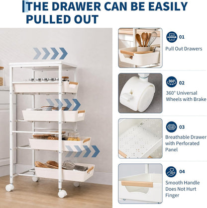 Garvee 5-Tier Slim Rolling Storage Cart, 9.5" Wooden Top Narrow Kitchen Carts on Wheels with Pull-Out Baskets, Mobile Shelving Unit Organizer for Kitchen, Bathroom, Laundry Room, Small Spaces