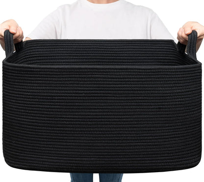 Goodpick Large Woven Rope Blanket Basket, Rectangle, Black, 75L