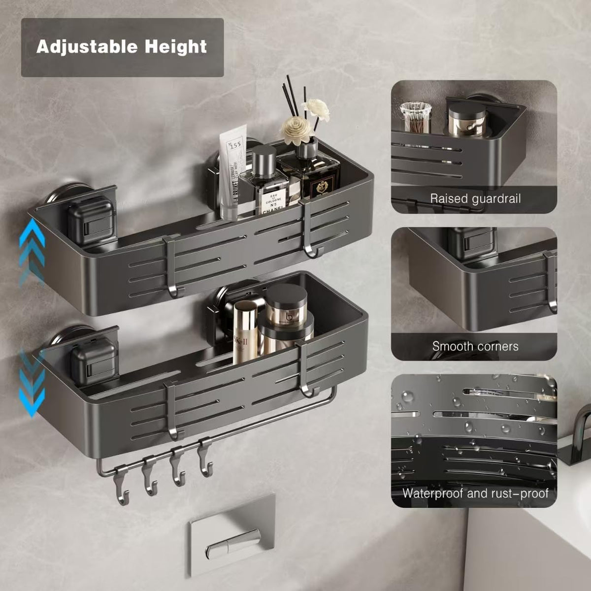 Voldra Shower Caddy Suction Cup, 2 Pack Shower Shelves for Inside Shower No Drilling, Aluminum Suction Showers Organizer with Towel Bar & Hooks Removable Bathroom Shelf Storage Rack(Gray)