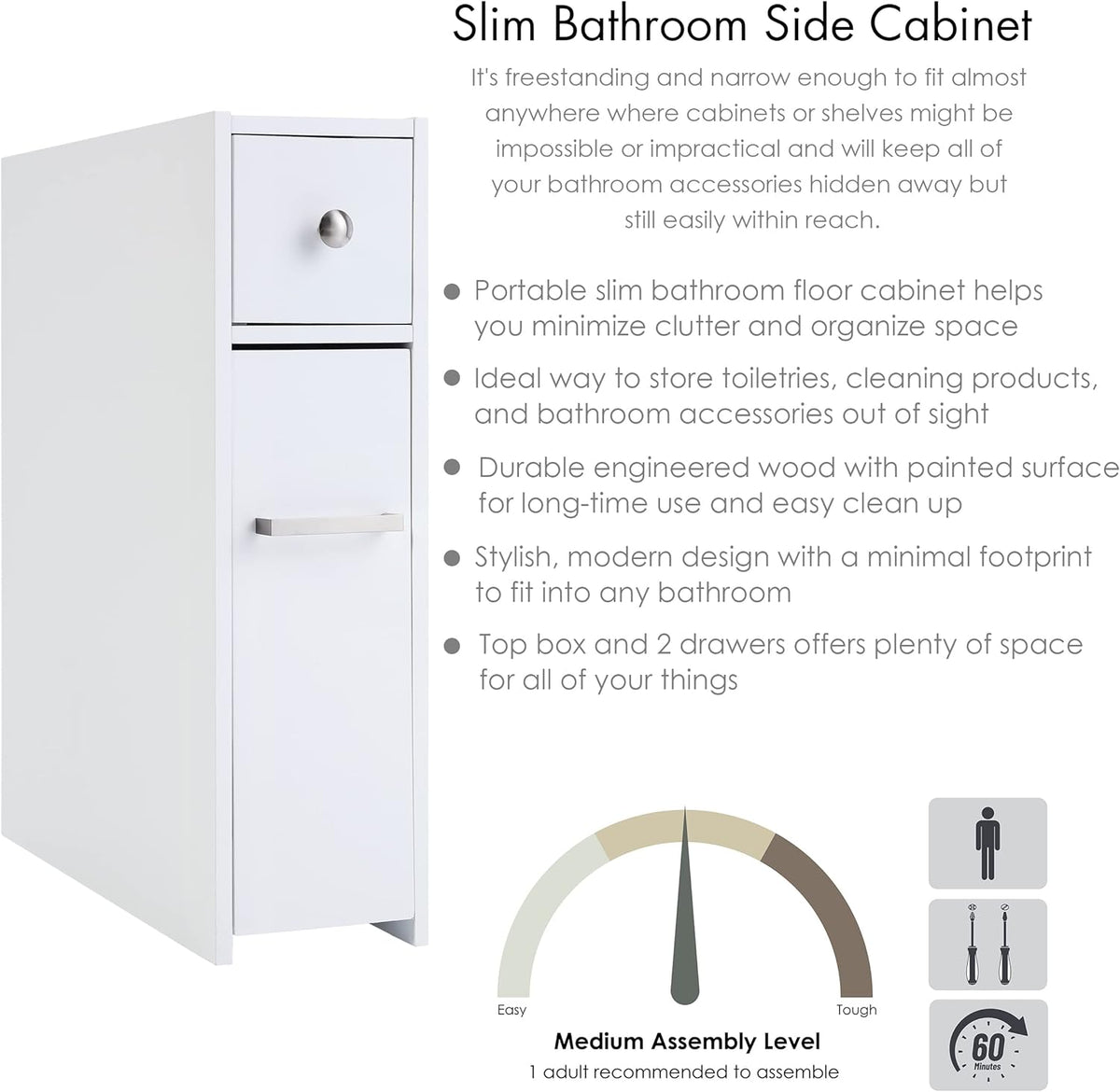 Spirich Slim Bathroom Storage Cabinet with Toilet Paper Holder, White
