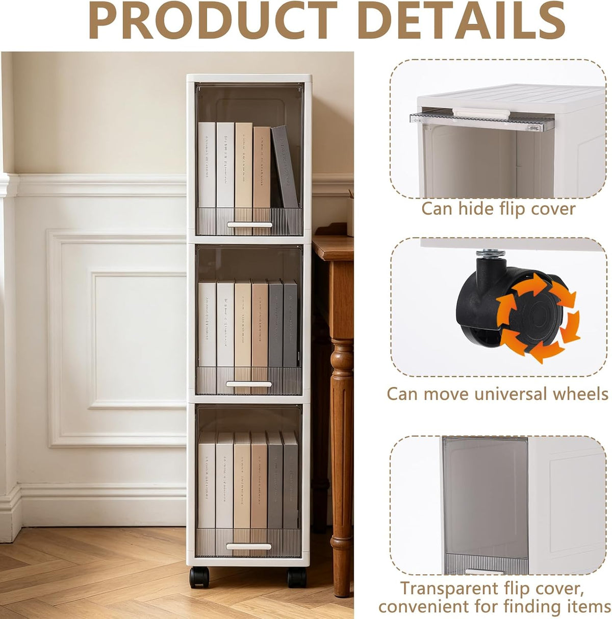 Narrow Bathroom Storage Cabinet with 4 Wheels, 3Tier Slim Storage Organizer