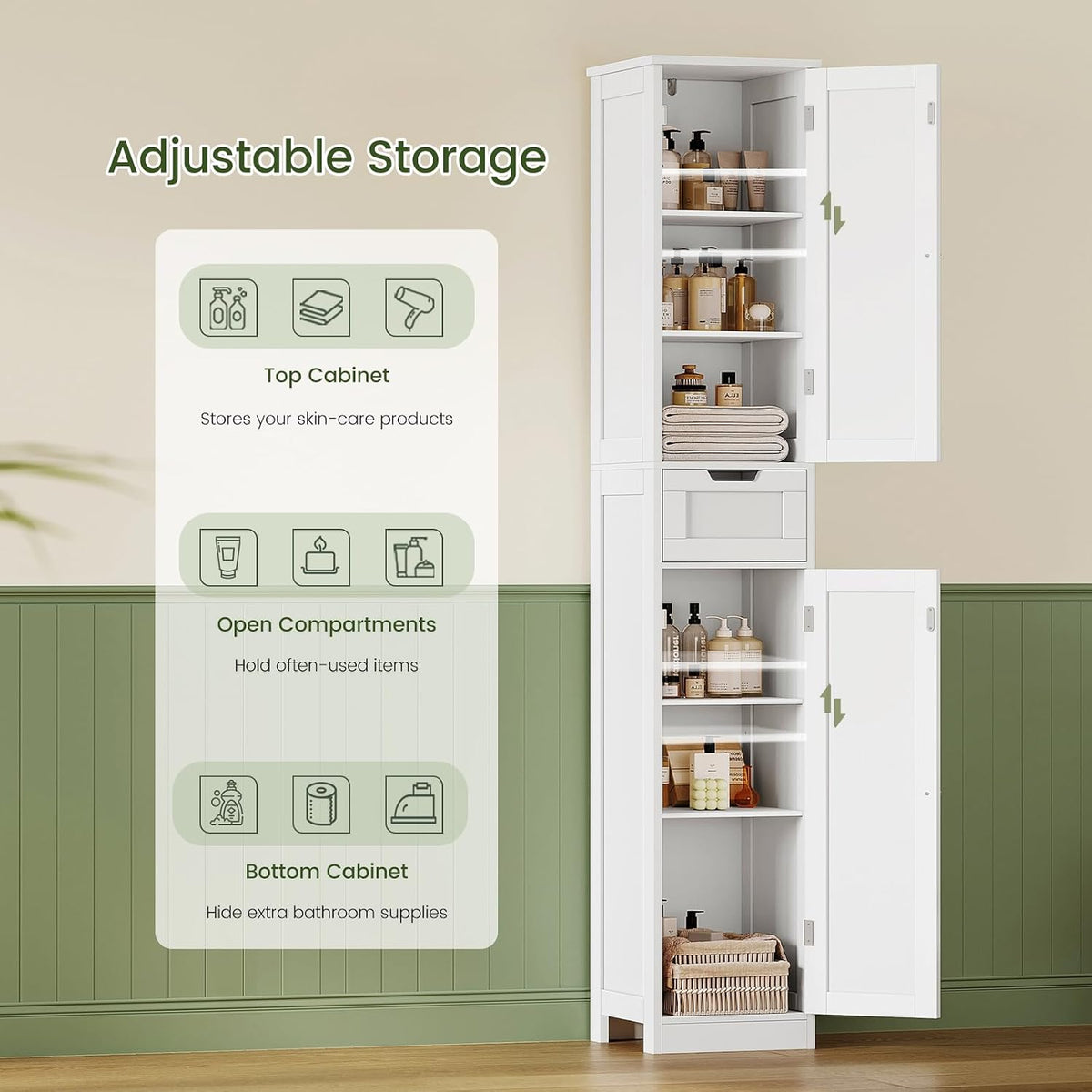 Iwell 66.9" Tall Bathroom Storage Cabinet with 2 Doors & 1 Drawer