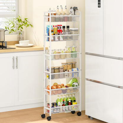 6 Tier Slim Rolling Storage Cart, Narrow Mobile Shelving Unit Organizer Utility Cart with Wheels, Metal Wire Storage Rack with Baskets for Kitchen, Bathroom, Laundry & Living Room, 10in(W) Black