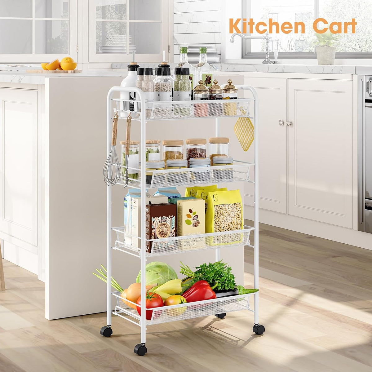 TOOLF 4 Tier Rolling Cart, Metal Utility Storage Cart with Wheels, White