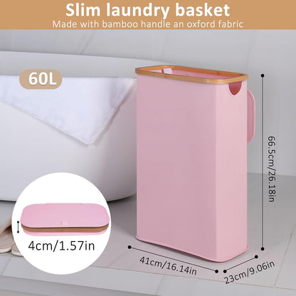 iEGrow 65L Slim Laundry Hamper, Narrow Laundry Basket with Lid,Foldable Clothes Hamper with Bamboo Handles,Hamper Basket with Removable Inner Bag for Laundry Room Bedroom College Dorm,17.17 Gals Pink