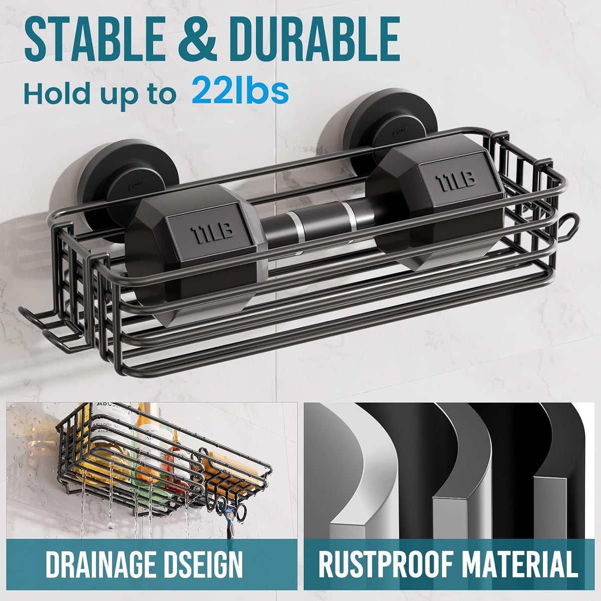 TAILI 2 Pack Shower Caddy Suction Cup, Heavy Duty Shower Organizer, Black