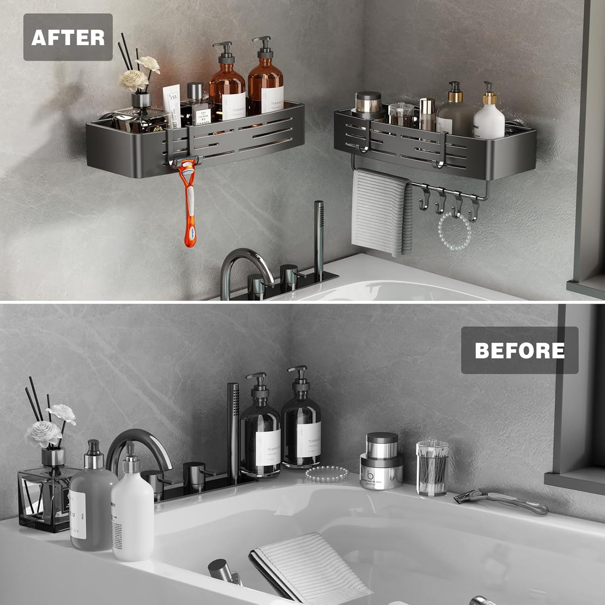 Voldra Shower Caddy Suction Cup, 2 Pack Shower Shelves for Inside Shower No Drilling, Aluminum Suction Showers Organizer with Towel Bar & Hooks Removable Bathroom Shelf Storage Rack(Gray)