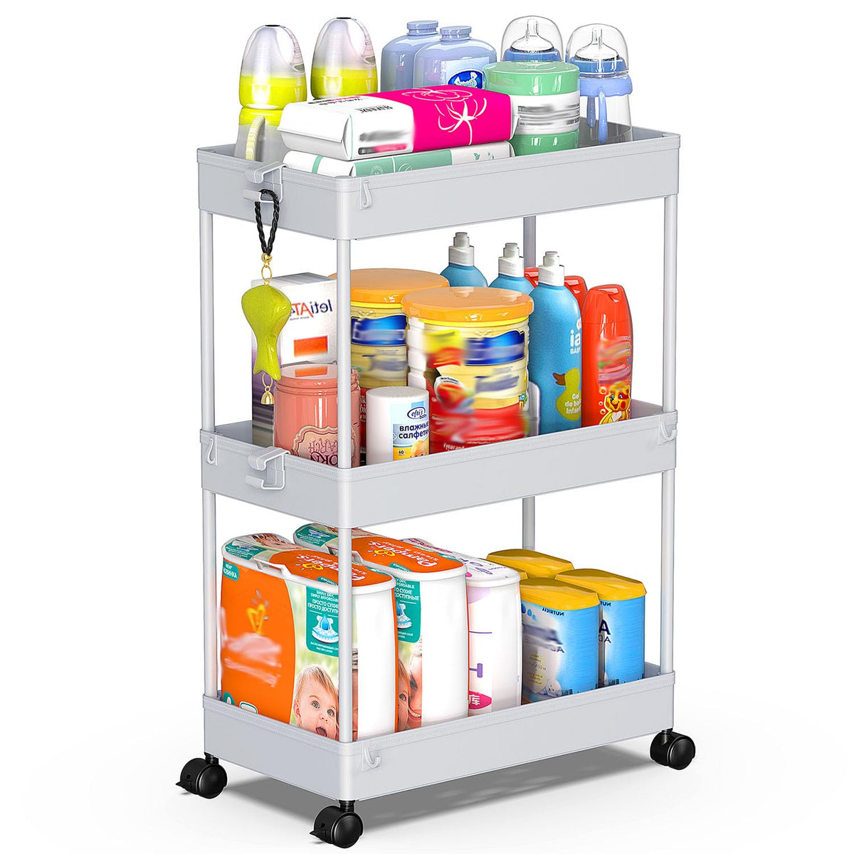 SPACEKEEPER 5 Tier Storage Rolling Cart, Bathroom Cart with Wheels, White
