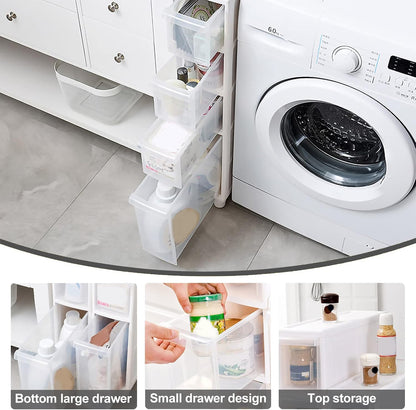Narrow Tall Floor Cabinet for Bathroom, Vertical Storage Unit with 4 Clear Drawers and Casters, Slim Freestanding Narrow Dresser Tower Storage Drawer Cart, 14cm/22cm Width, Assembly Free