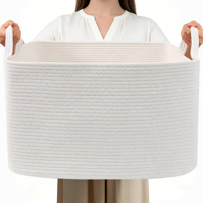 65L Laundry Basket with Handles, Woven Blanket Basket, White/Brown