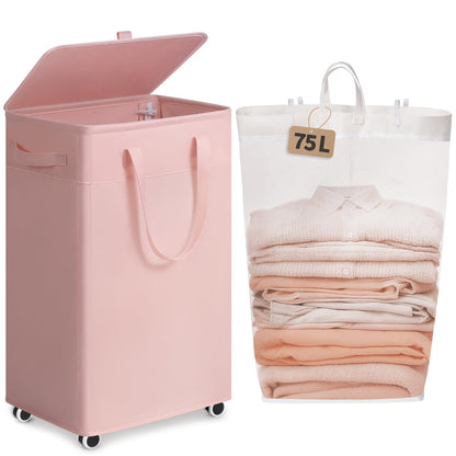 Goodpick 75L Rolling Laundry Basket with Wheels and Lid, Grey