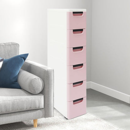 6 Drawers Narrow Slim Plastic Storage Cabinet,Storage Drawer with Wheels,6 Tier Drawers Dresser,Rolling Narrow Cabinet for Small Spaces Bathroom Kitchen Living Room,Pink