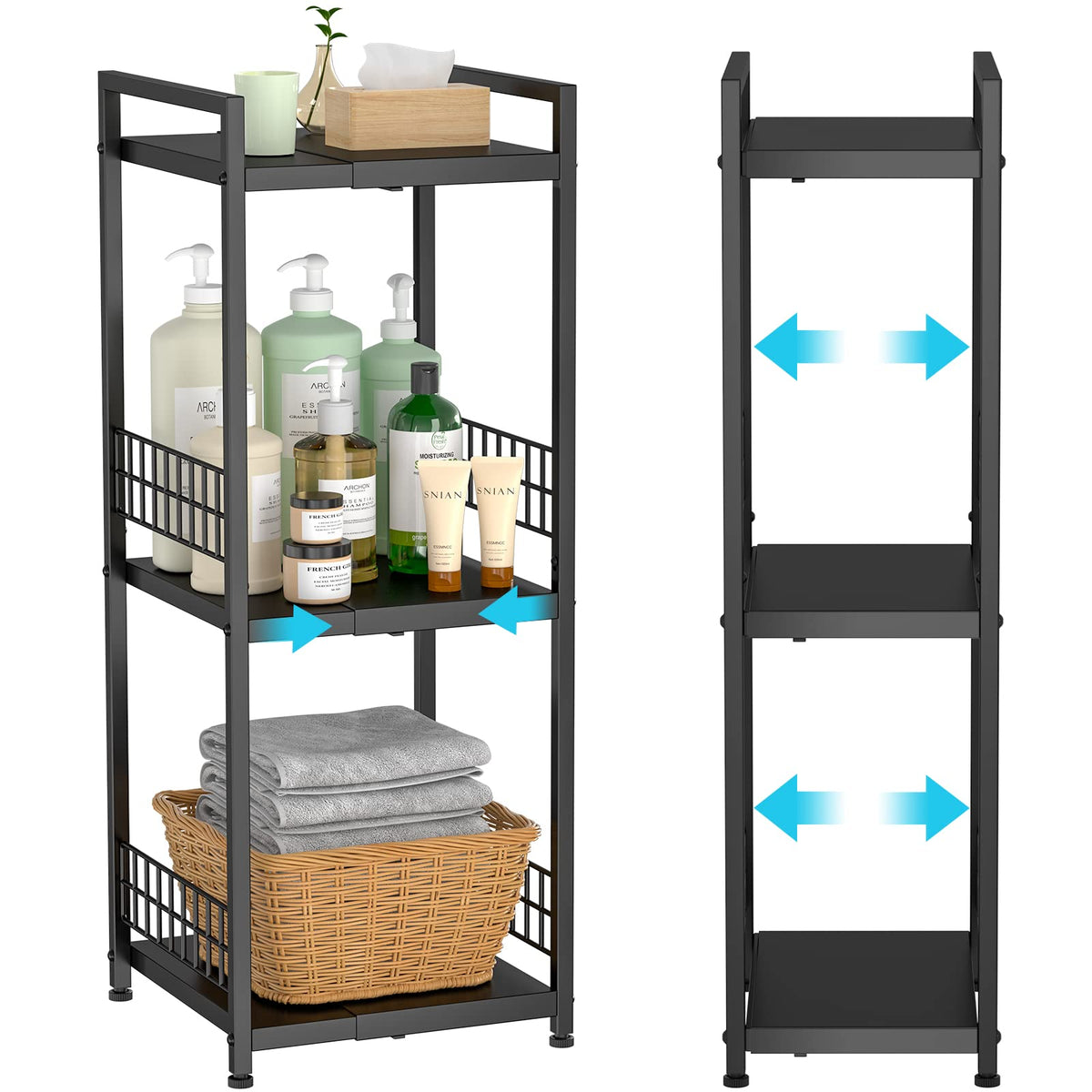 DAOUTIME Expandable Slim Storage Shelf, 3 Tier Metal Shelving Unit for Bathroom Storage Organizer, Free-Standing Narrow Shelf, Open Floor Shelves for Small Spaces,Laundry,Bathroom,Kitchen, White