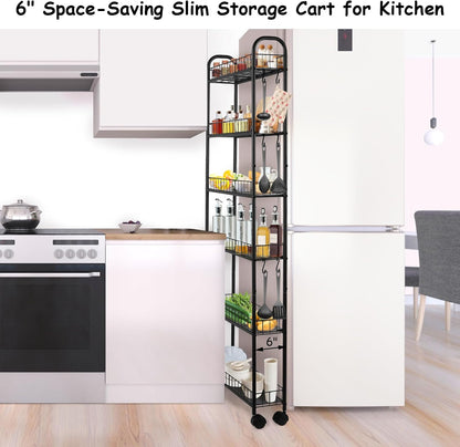 6-Tier Slim Rolling Storage Cart with Wheels, Tall Narrow Storage Shelves for Small Spaces, Metal Utility Cart Mobile Shelving Unit on Wheels for Kitchen, Bathroom, Office