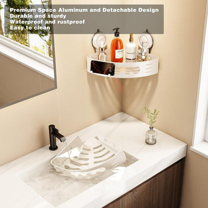 Voldra Corner Shower Caddy Suction Cup, Aluminum Corner Shower Shelves for Wall No Drilling, Large Suction Cup Shower Organizer with Towel Bar & Hooks Removable Bathroom Storage(2 Pack-Cream White)
