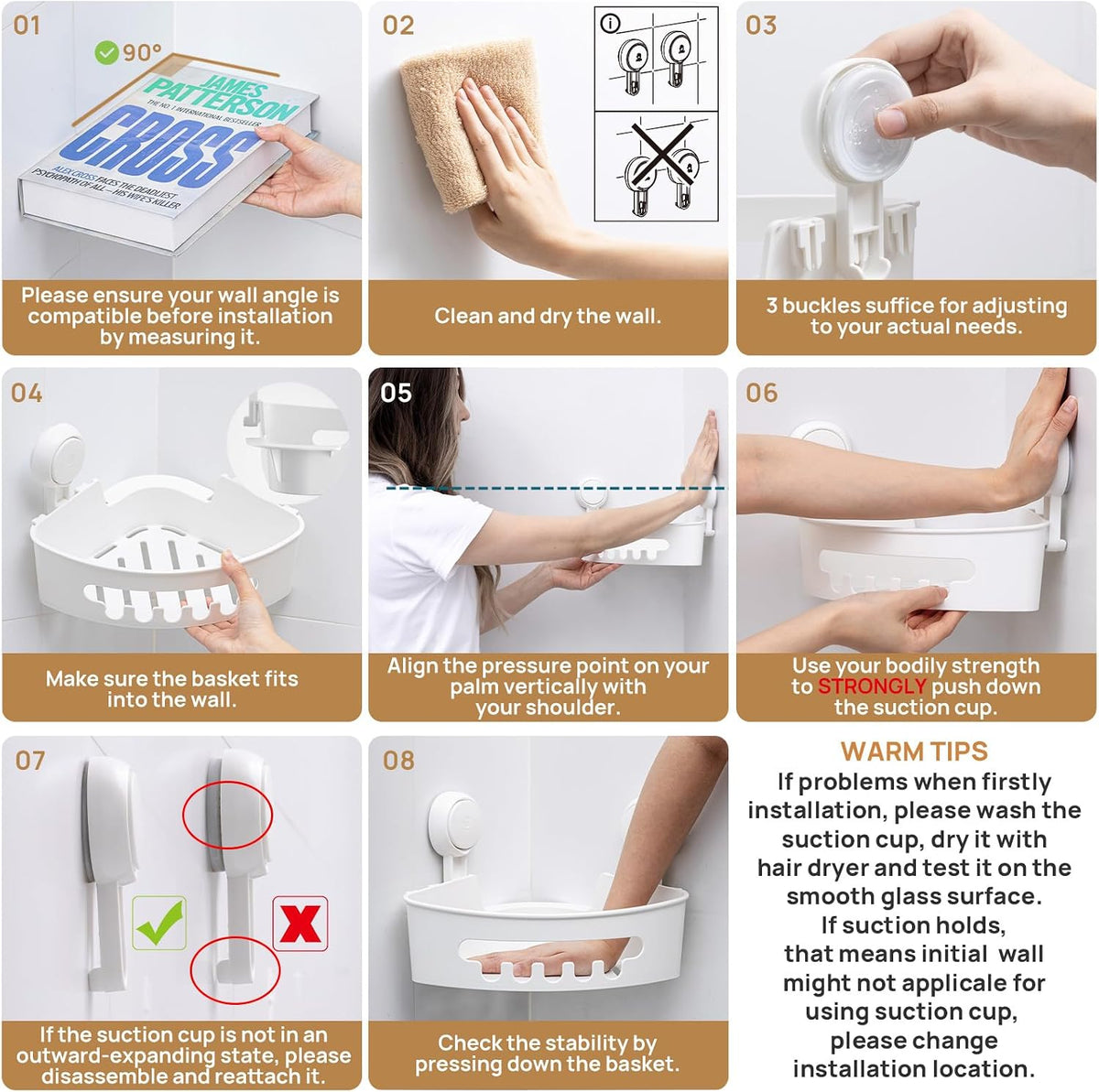 LEVERLOC Corner Shower Caddy Suction Cup, Shower Basket Suction Bathroom