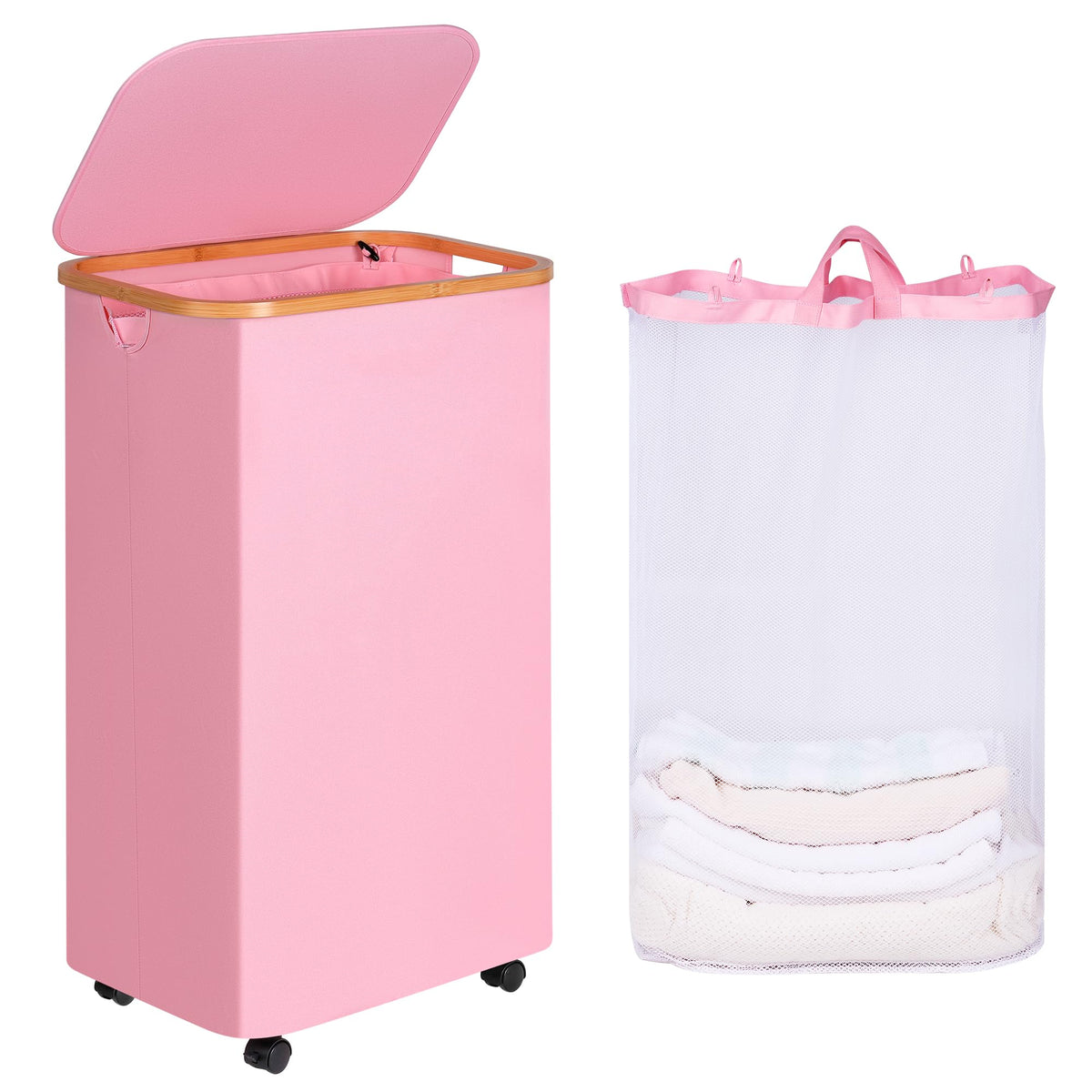iEGrow 65L Slim Laundry Hamper, Narrow Laundry Basket with Lid,Foldable Clothes Hamper with Bamboo Handles,Hamper Basket with Removable Inner Bag for Laundry Room Bedroom College Dorm,17.17 Gals Pink