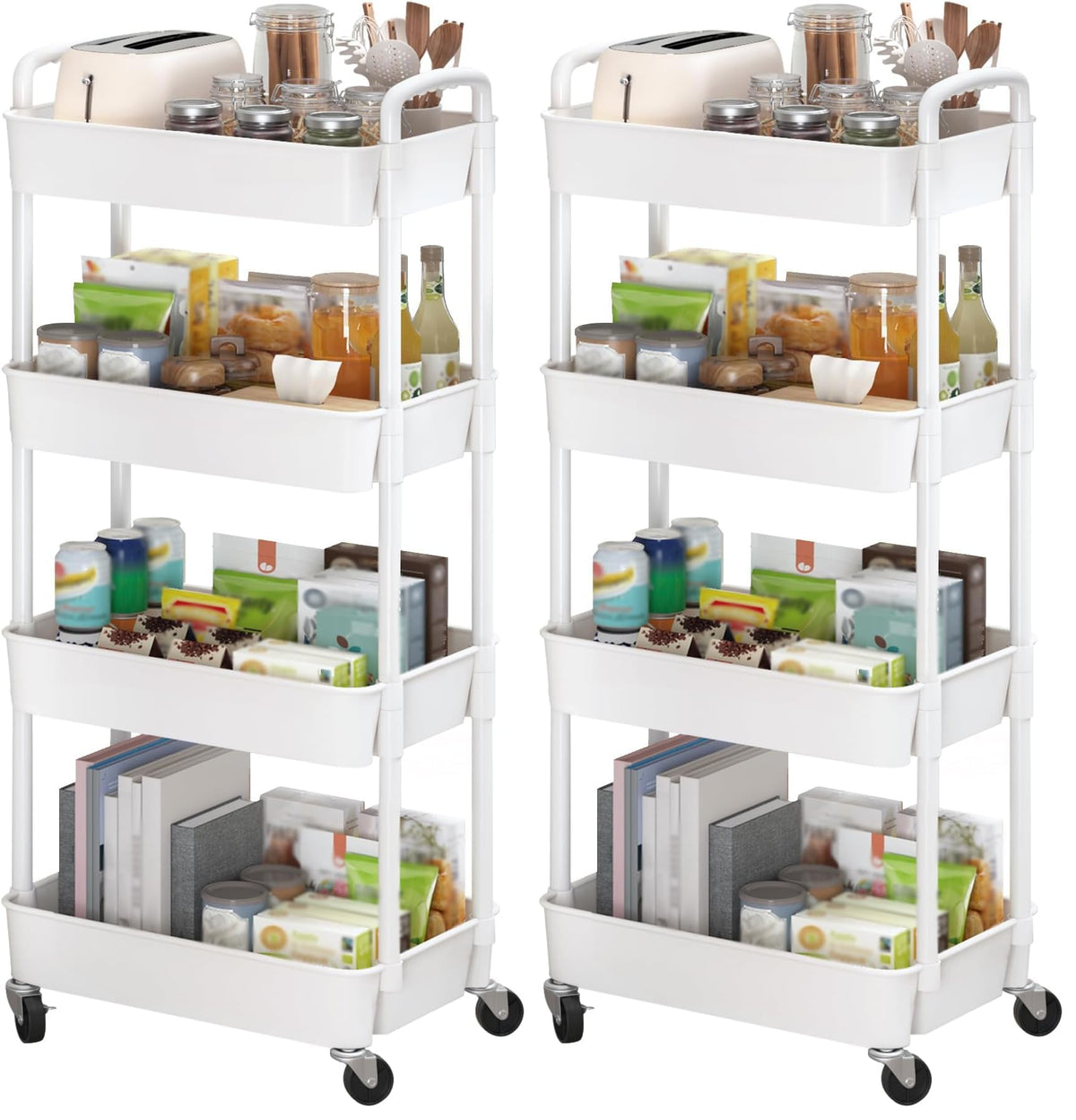 Sywhitta 4-Tier Plastic Rolling Utility Cart with Wheels for Storage,White
