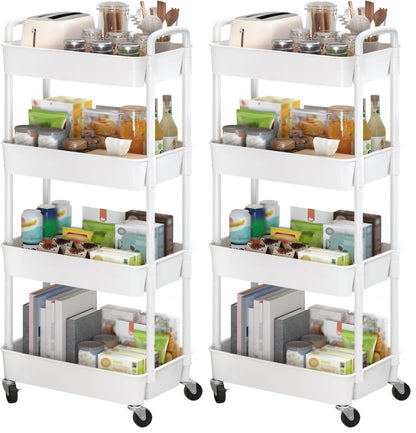 Sywhitta 4-Tier Plastic Rolling Utility Cart with Wheels for Storage,White