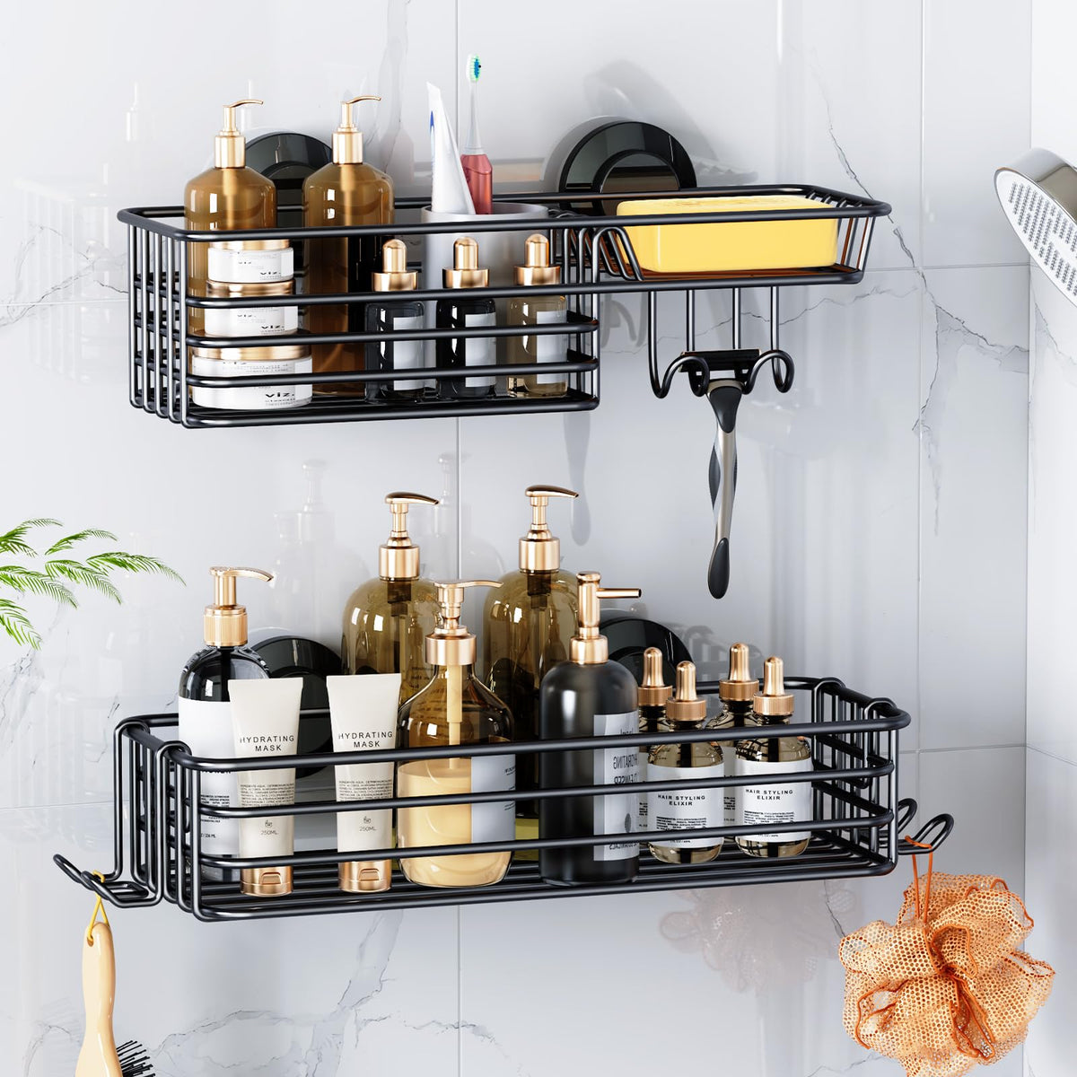 LEVERLOC Shower Caddy Suction Cup Set Shower Organizer & Soap Holder & Toothbrush Holder, Bathroom Shelf Basket NO-Drilling, Removable Suction Storage Waterproof Bathroom Caddy, White