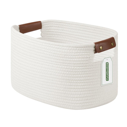 ECDYQXVU 15x10x9 Woven Cotton Rope Storage Basket, Leather Handles 1 Pack