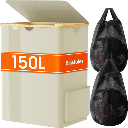 BlissTotes 100L Laundry Basket Hamper with Lid & Removable Bag,Light Grey