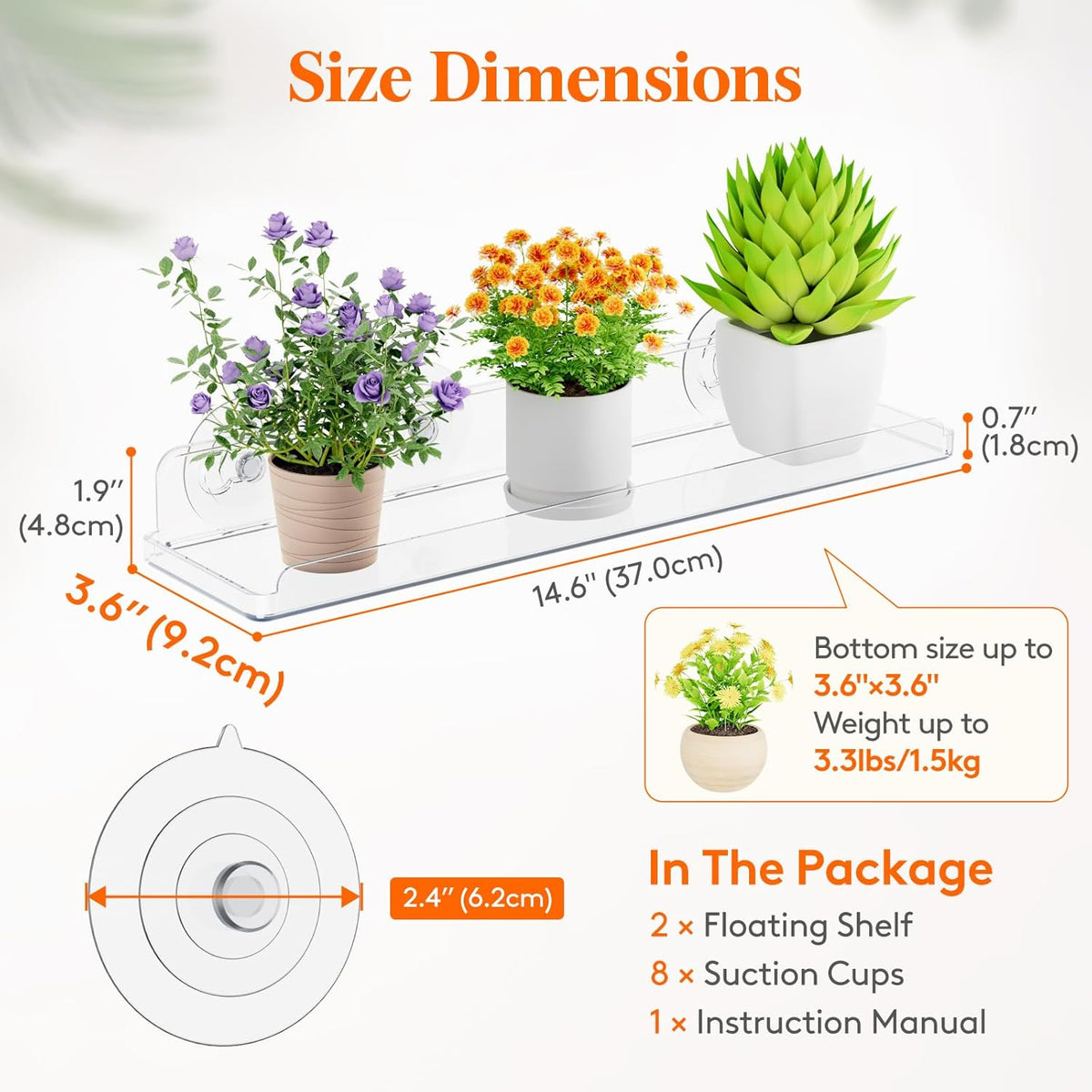 Lifewit Window Plant Shelves 14.6", 2 Pack Acrylic Suction Cup Holder