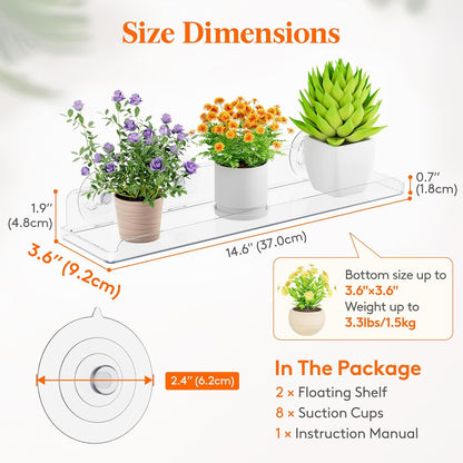 Lifewit Window Plant Shelves 14.6", 2 Pack Acrylic Suction Cup Holder