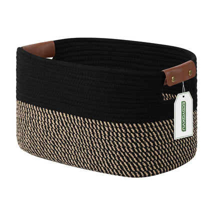 ECDYQXVU 15x10x9 Woven Cotton Rope Storage Basket, Leather Handles 1 Pack