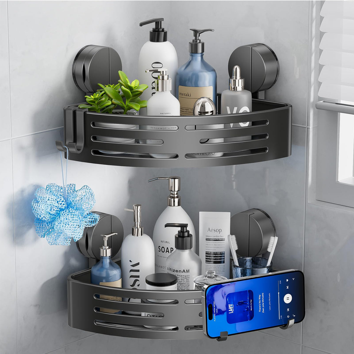 Corner Shower Caddy Suction Cup,Shower Shelves with Hooks,No Drilling Powerful Upgrade Suction Bathroom Corner Organizers and Storage,Removable Waterproof Rustproof Shower Shelf Bathroom Decor