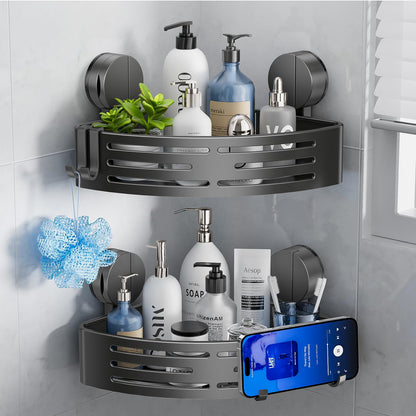 Corner Shower Caddy Suction Cup,Shower Shelves with Hooks,No Drilling Powerful Upgrade Suction Bathroom Corner Organizers and Storage,Removable Waterproof Rustproof Shower Shelf Bathroom Decor