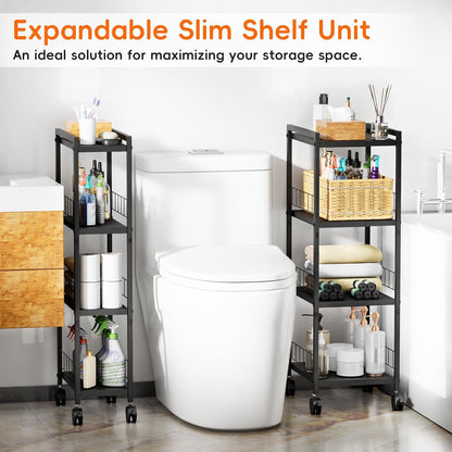 Expandable Slim Storage Cart with Wheels, 4 Tier Narrow Metal Rolling Utility Cart Organizer Adjustable Open Floor Shelving Unit for Small Spaces Bathroom Laundry Room Kitchen