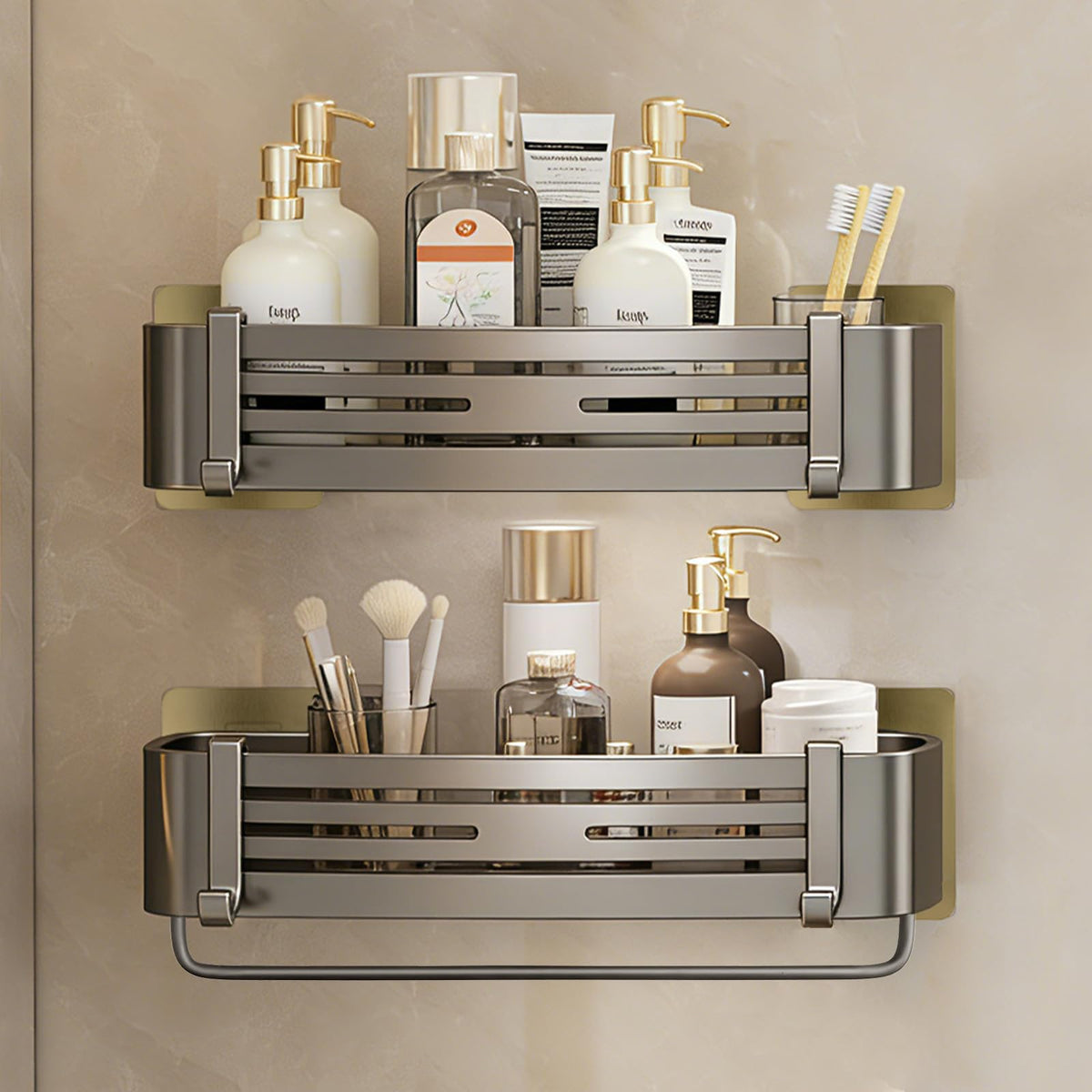 Shower Caddy Suction Cup, No-Drilling Hanging Shower Shelves with Hooks, Waterproof & Rustproof Removable Shower Organizer for Bathroom Storage