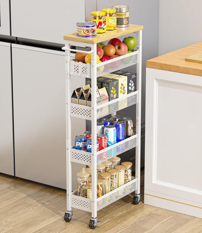 Giwil Slim Rolling Storage Cart 4 Tier Bathroom Organizer Mobile Shelving Unit Utility Cart with Wood Top and Handle for Kitchen Laundry Narrow Places, White