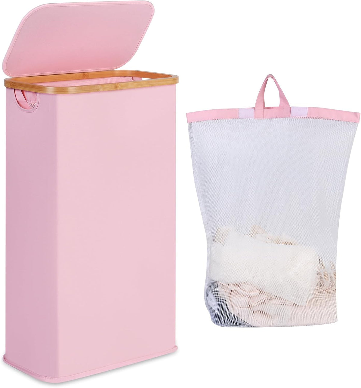 iEGrow 65L Slim Laundry Hamper, Narrow Laundry Basket with Lid,Foldable Clothes Hamper with Bamboo Handles,Hamper Basket with Removable Inner Bag for Laundry Room Bedroom College Dorm,17.17 Gals Pink