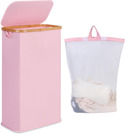 iEGrow 65L Slim Laundry Hamper, Narrow Laundry Basket with Lid,Foldable Clothes Hamper with Bamboo Handles,Hamper Basket with Removable Inner Bag for Laundry Room Bedroom College Dorm,17.17 Gals Pink